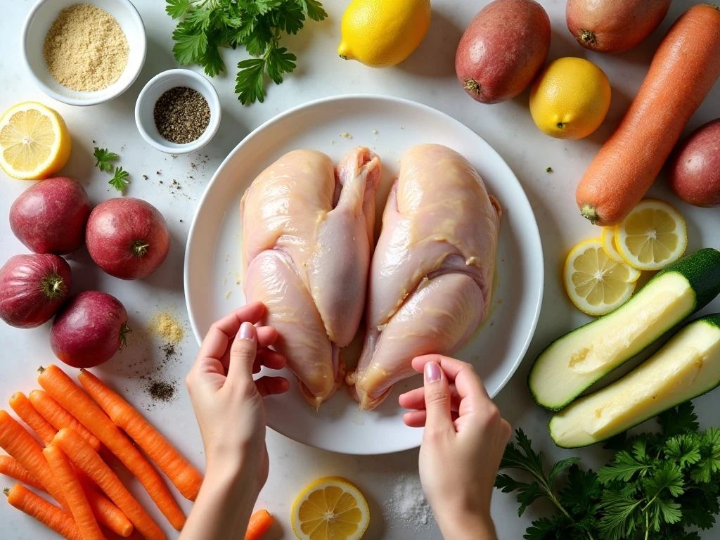 Ingredients for easy baked chicken and vegetables oreganata