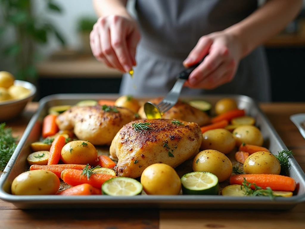Preparing chicken and vegetables oreganata on a sheet pan
