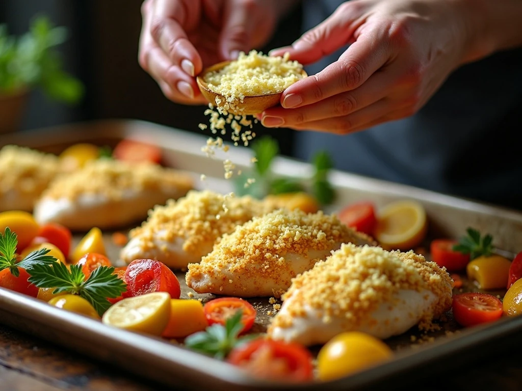 Adding Parmesan breadcrumb topping to chicken oreganata