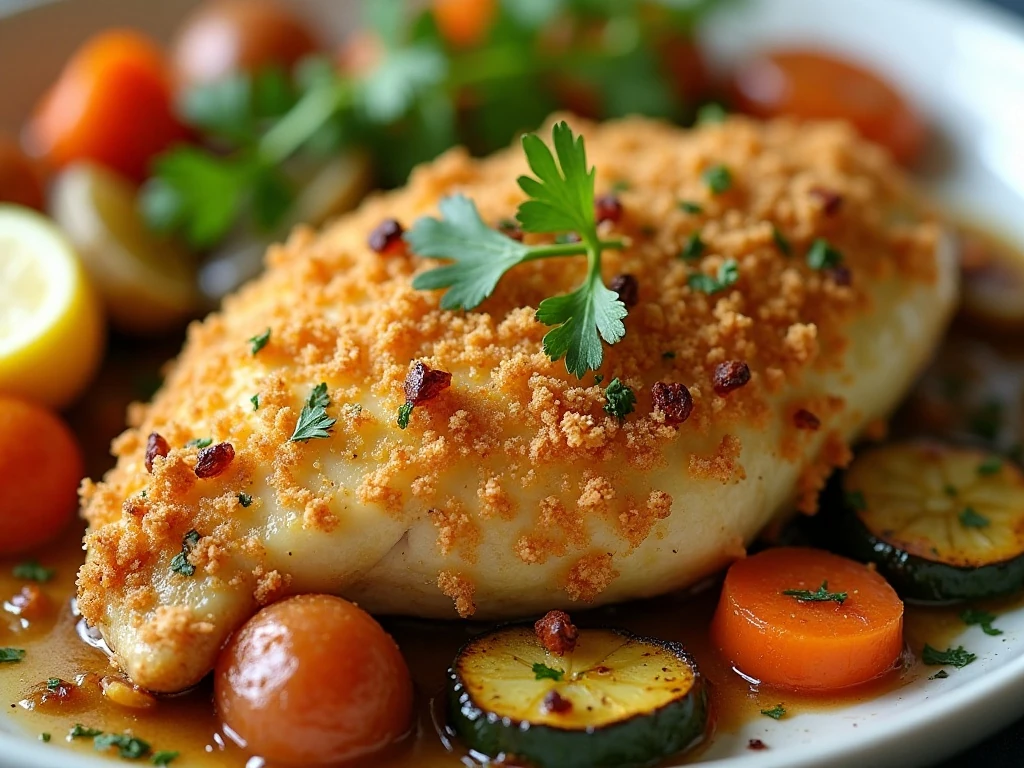 Crispy chicken oreganata garnished with parsley and lemon
