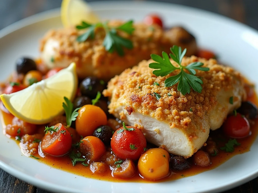 Golden baked chicken oreganata with roasted vegetables