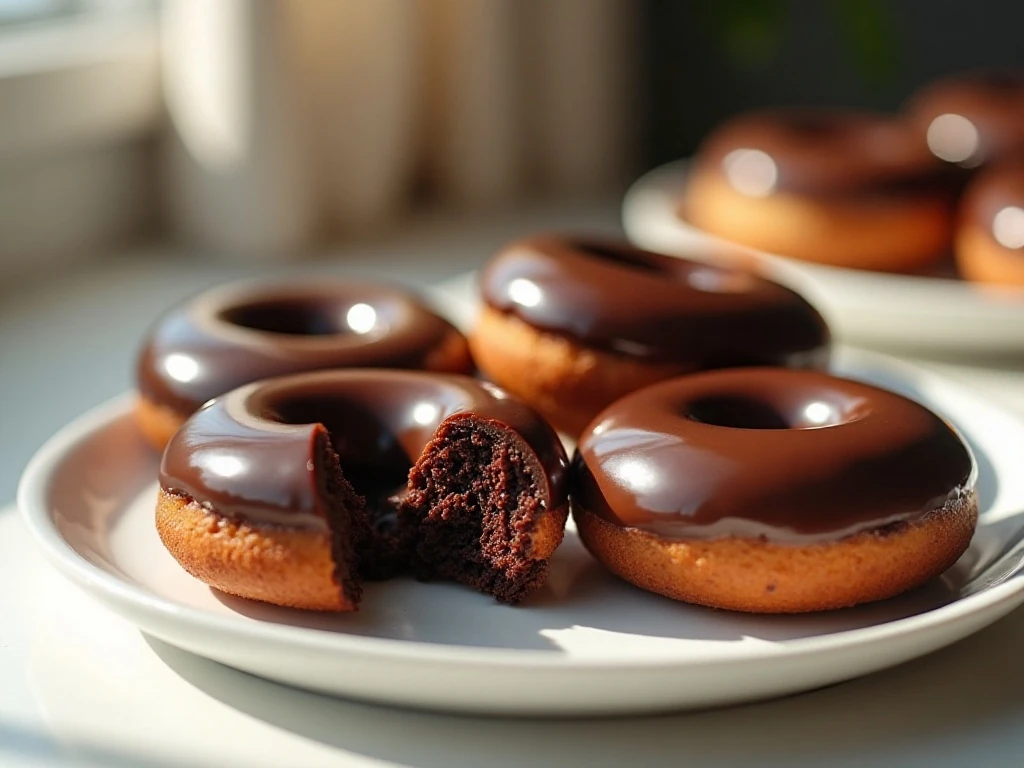 Plated baked chocolate donuts with glossy chocolate glaze
