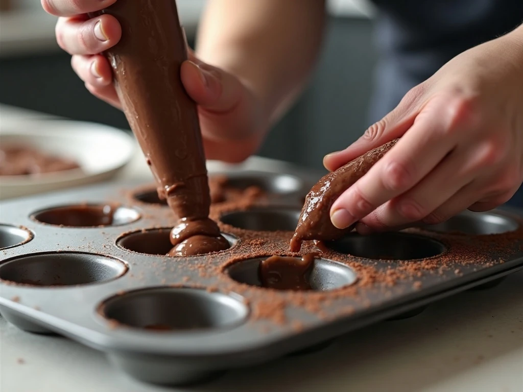 Piping chocolate donut batter into a donut pan