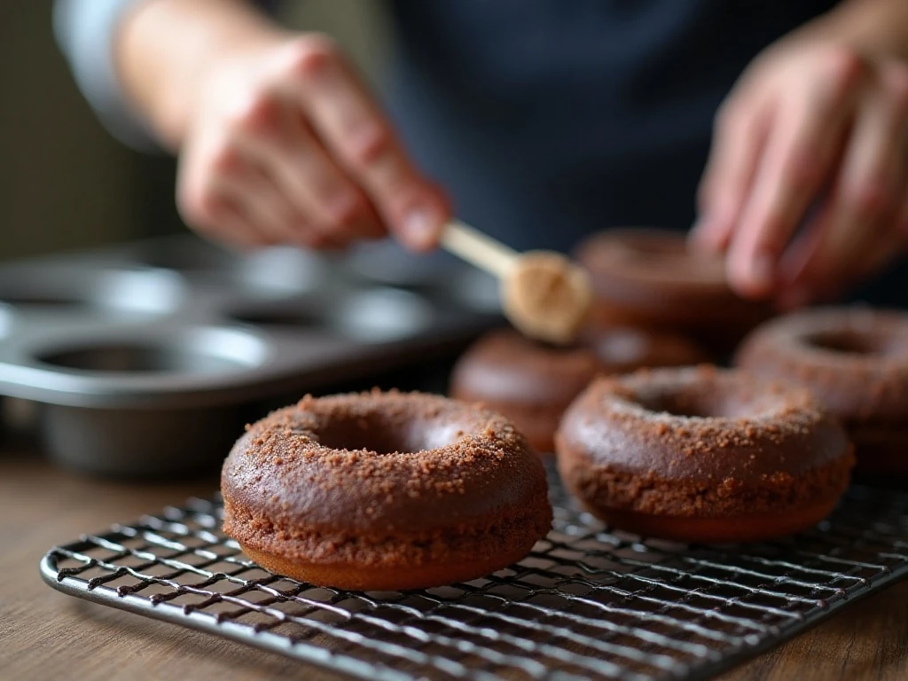 Baked chocolate donuts cooling on a wire rack