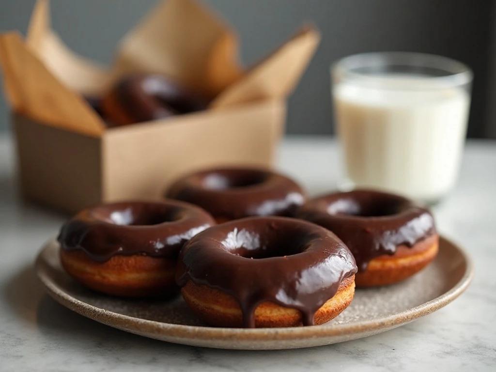 Baked chocolate donuts served with coffee and milk