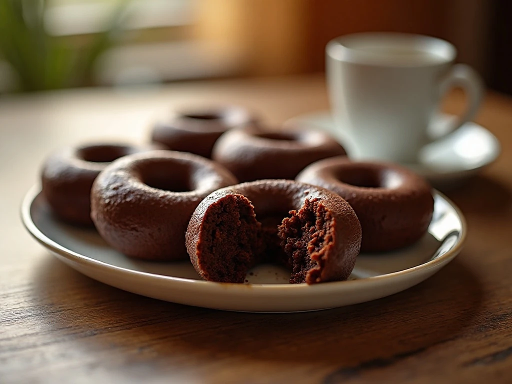 Tender baked chocolate doughnuts with glossy cocoa glaze