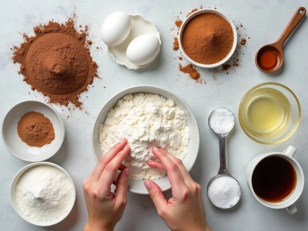 Ingredients for baked chocolate doughnuts and cocoa glaze