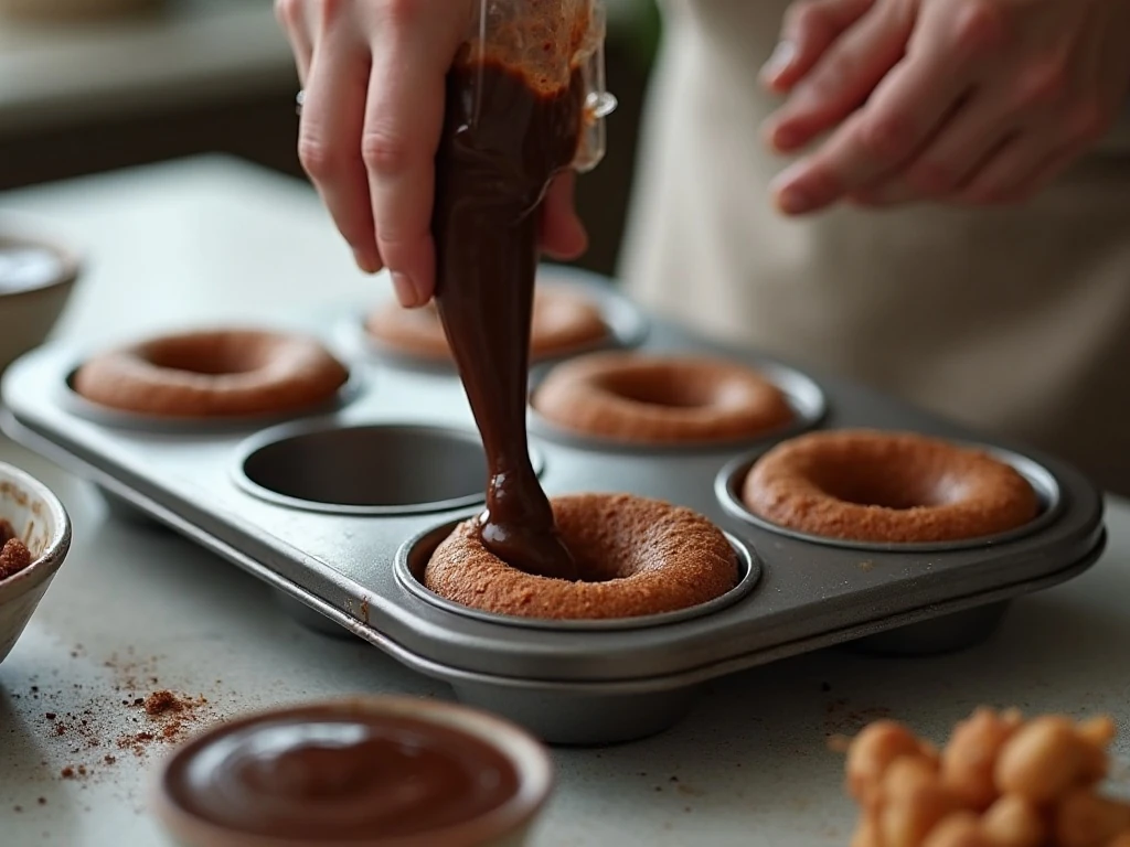 Piping chocolate doughnut batter into a doughnut pan