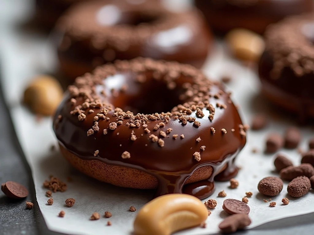 Chocolate doughnuts dipped in thick cocoa glaze with toppings