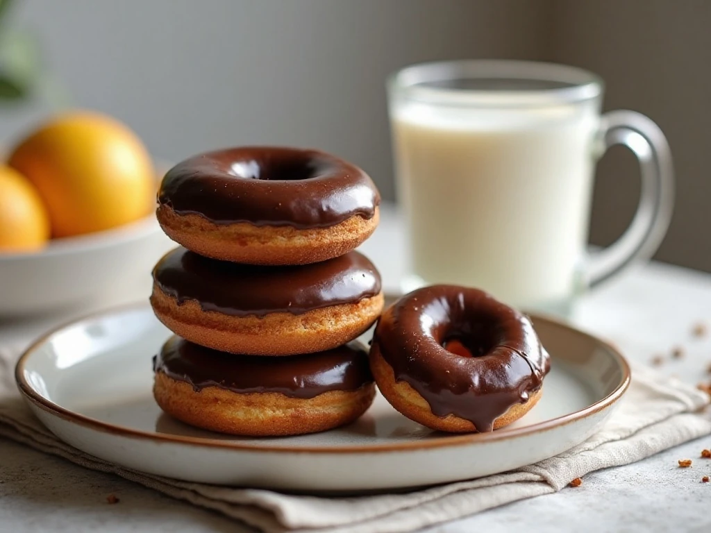 Baked chocolate doughnuts served with coffee and milk