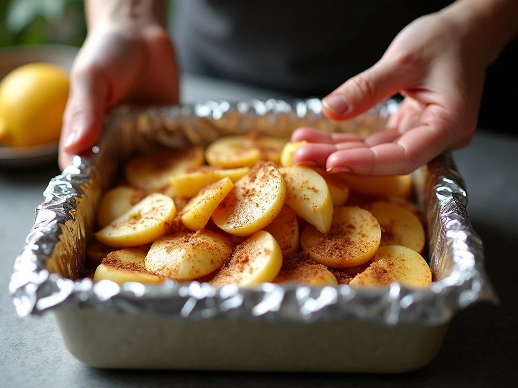 Apple slices being coated with cinnamon and brown sugar sauce