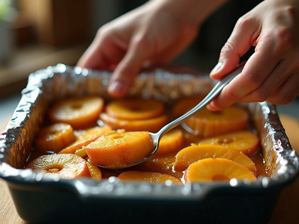 Tender cinnamon apples being stirred in their baking sauce