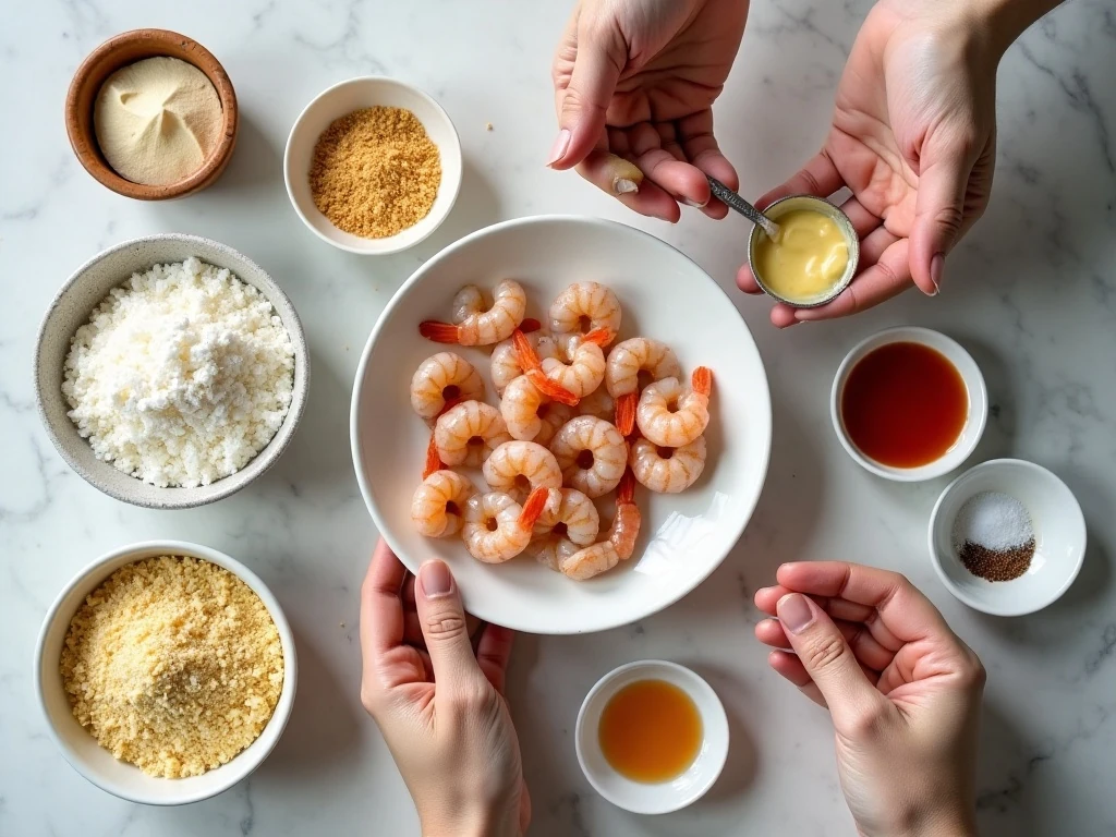 Ingredients for baked coconut shrimp arranged in bowls