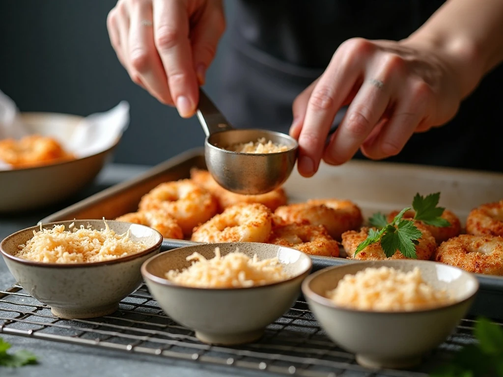 Shrimp being coated in coconut and panko breadcrumbs