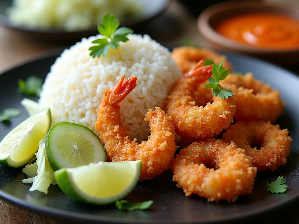 Baked coconut shrimp dinner with rice and fresh salad