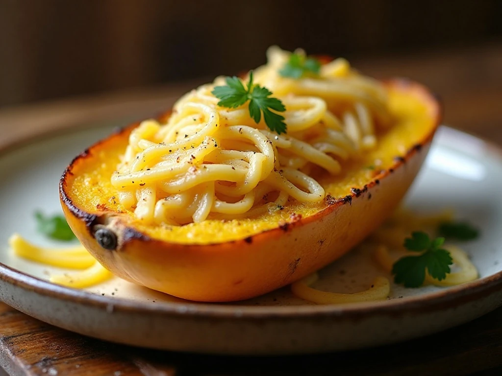 Baked four-cheese garlic spaghetti squash served in its roasted shell