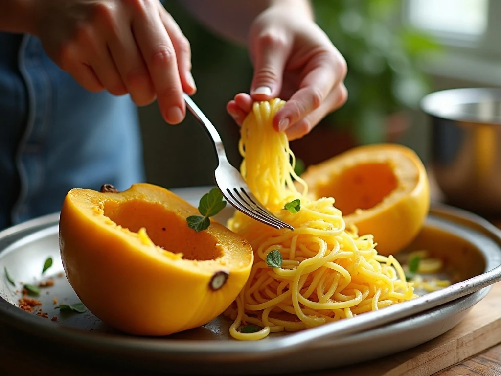 Scraping roasted spaghetti squash into strands before adding cheese sauce