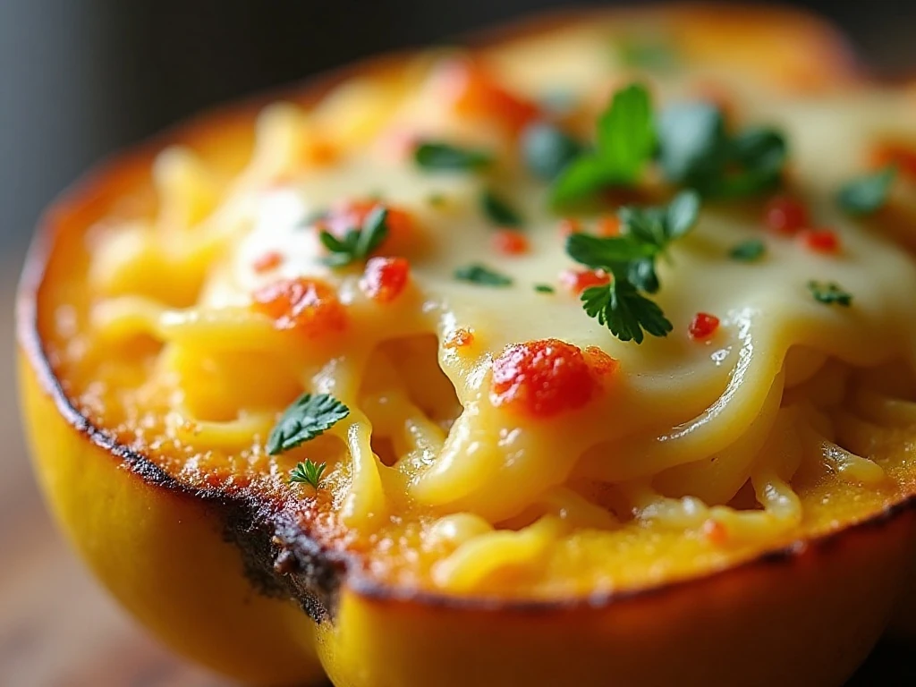 Garnished baked four-cheese garlic spaghetti squash