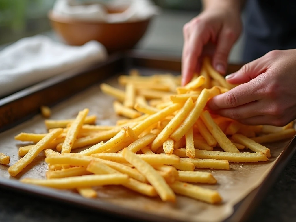 Potato fries arranged on a baking sheet before roasting