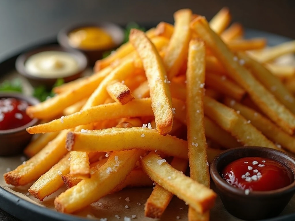 Crispy fries with dipping sauces and finishing salt