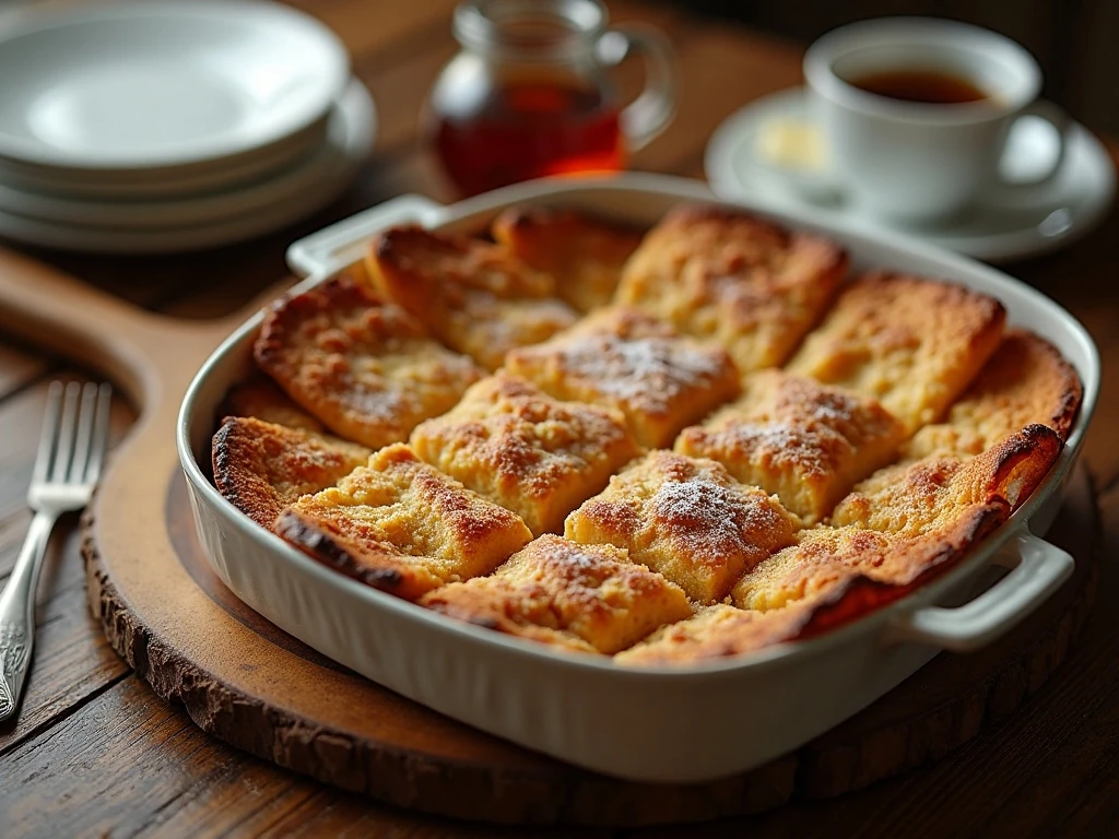 Golden baked French toast casserole served family style with maple syrup