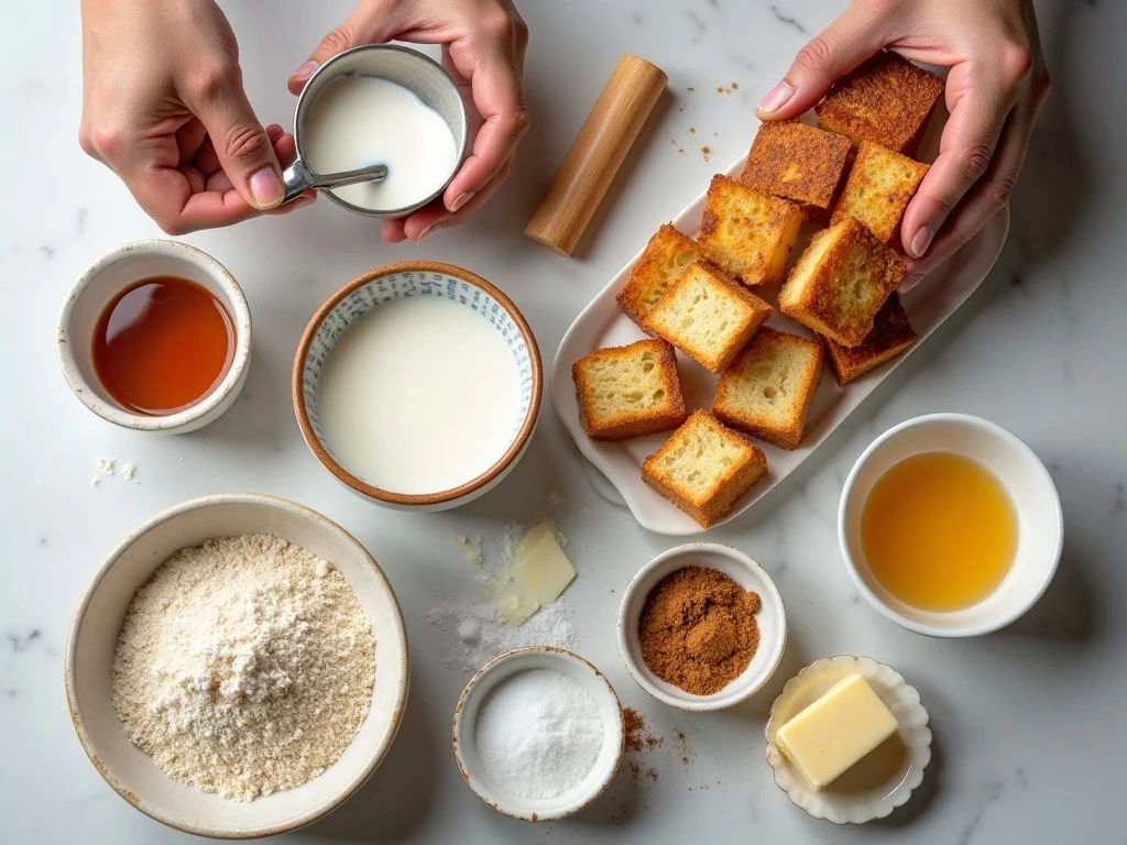 Ingredients for baked French toast casserole arranged on a counter