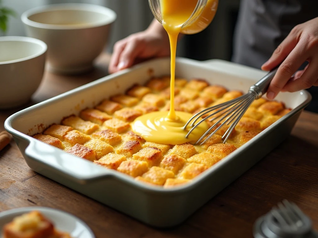 Pouring cinnamon custard over bread cubes for French toast casserole