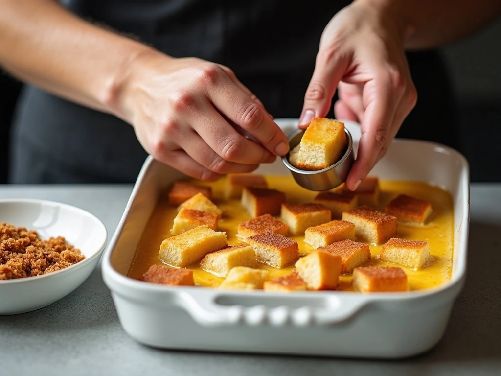 Brioche cubes absorbing custard before the casserole is chilled