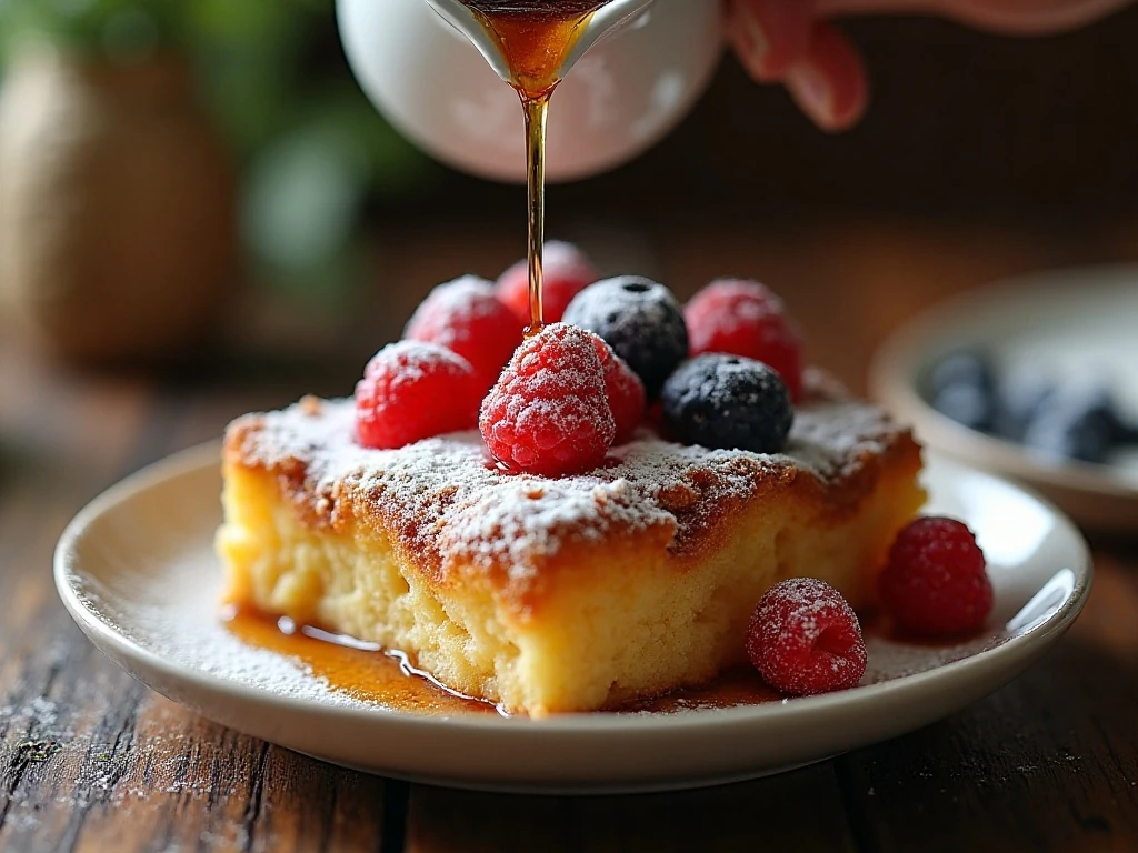 French toast casserole topped with powdered sugar berries and maple syrup