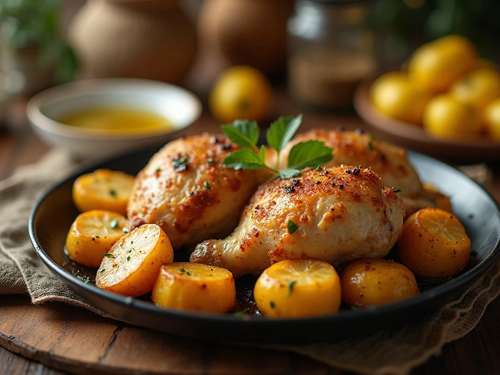 Baked garlic chicken thighs and potatoes served as a one-pan dinner