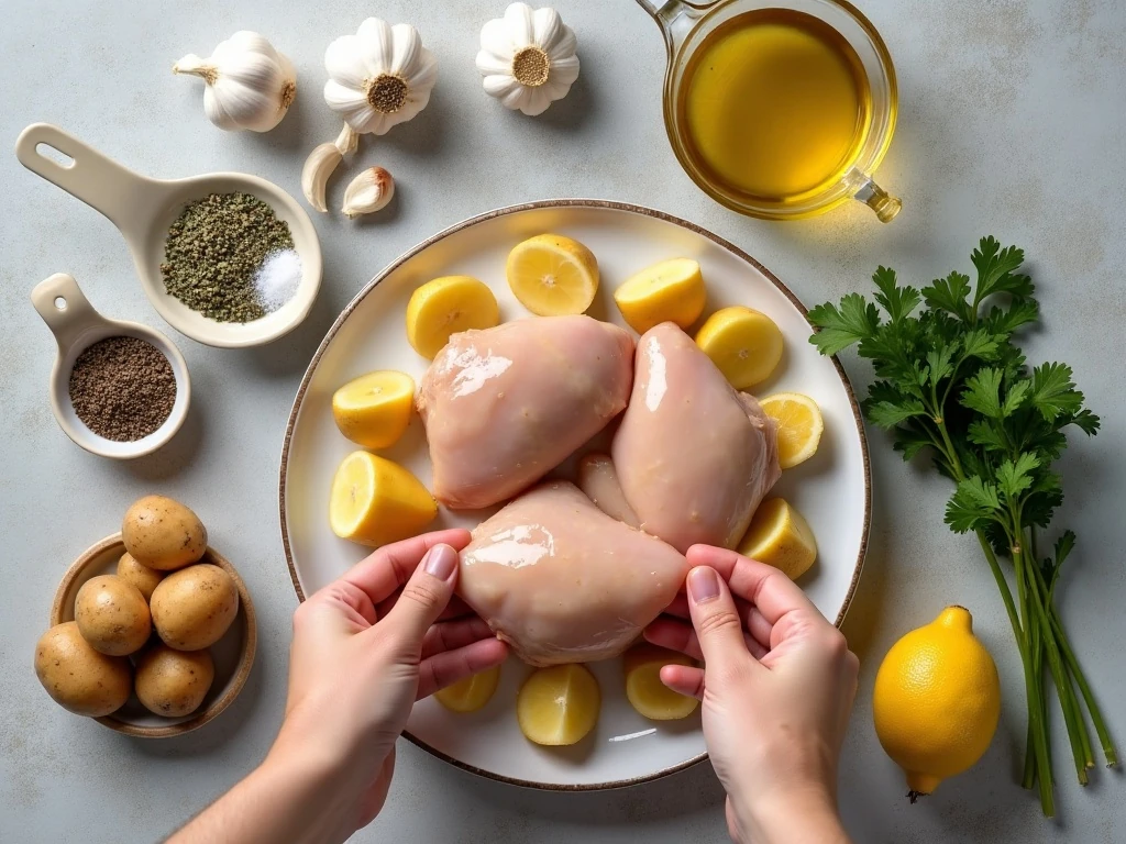 Ingredients for baked garlic chicken and potatoes