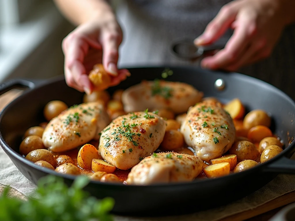 Chicken thighs and seasoned potatoes arranged in a roasting pan
