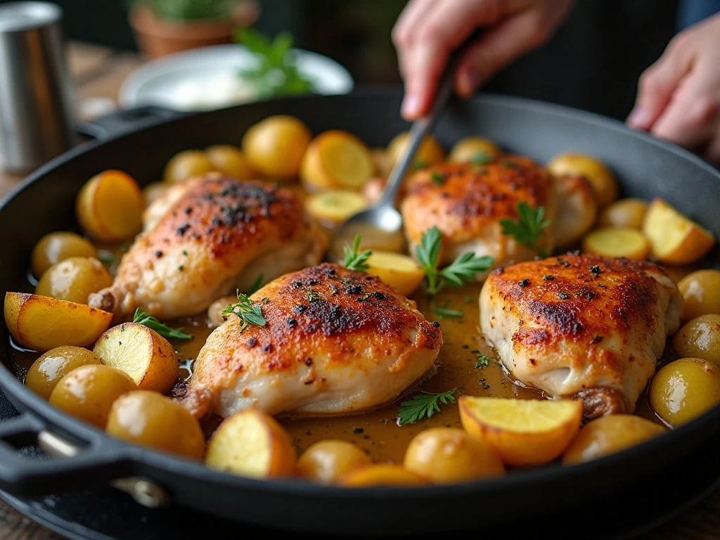 Roasted chicken and potatoes browning evenly in the oven pan