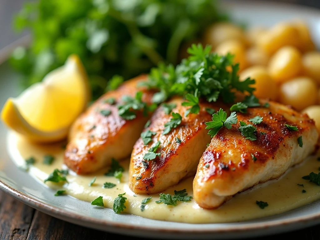 Parsley-garnished garlic chicken and potatoes with fresh sides