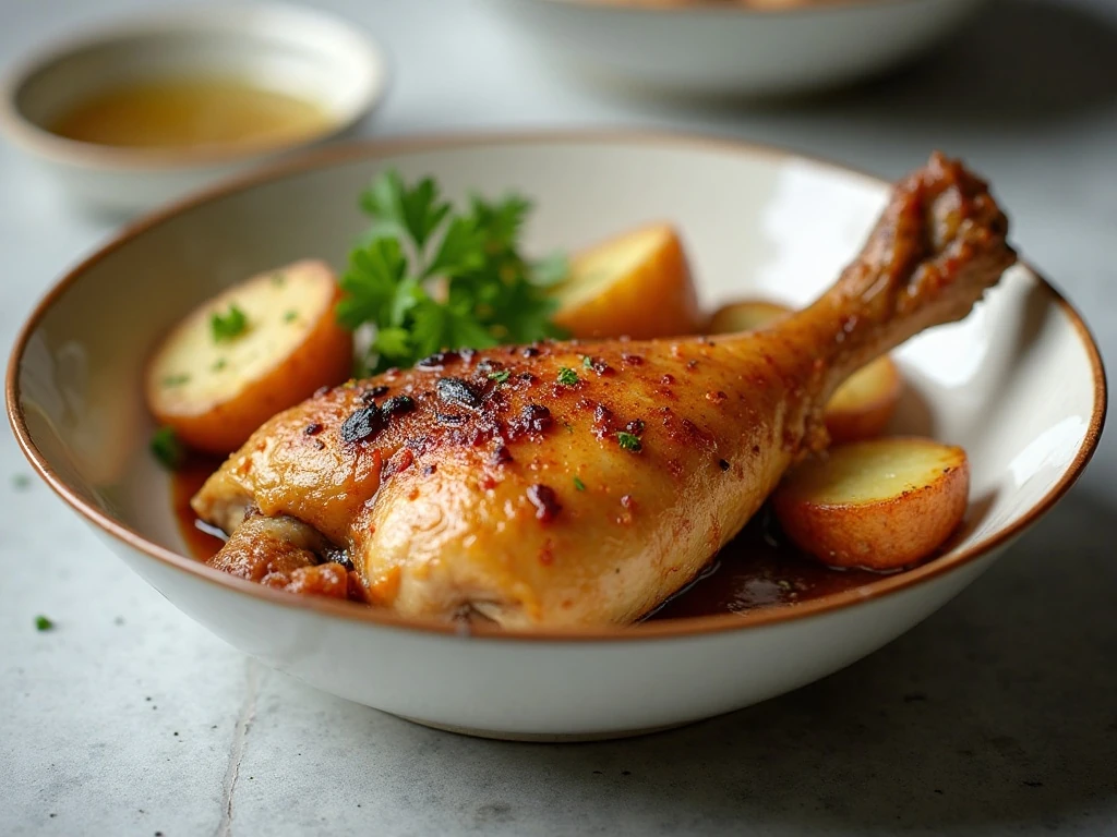 Reheated baked garlic chicken and potatoes served for another meal