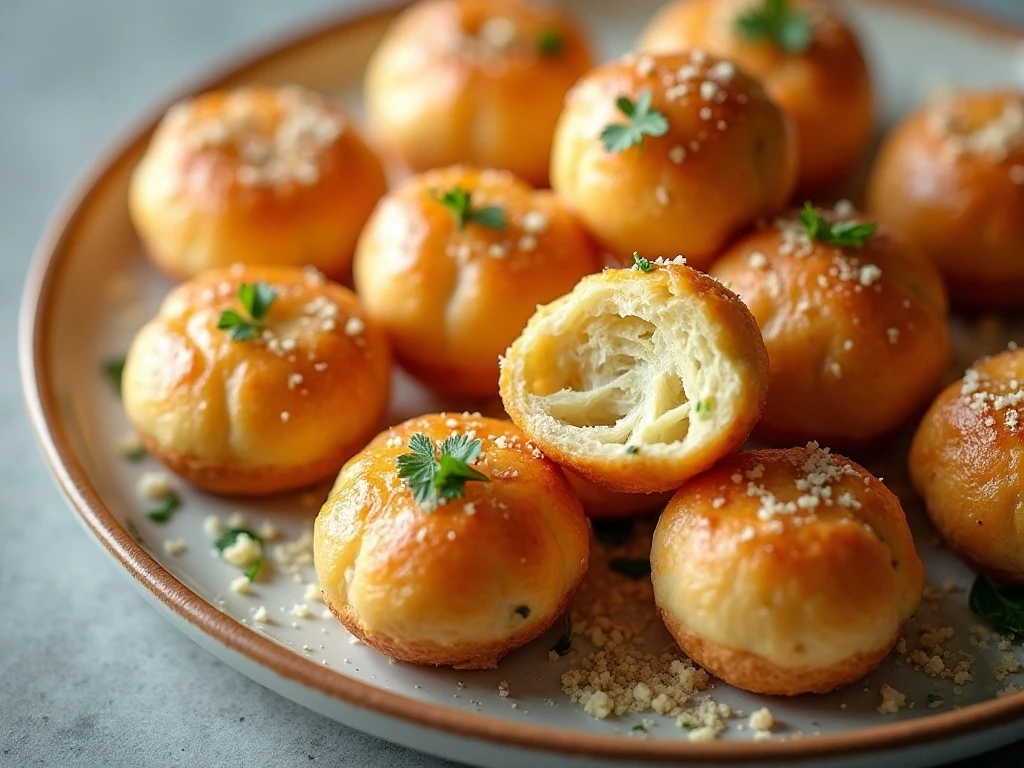 Golden baked garlic Parmesan puffs arranged on a serving platter