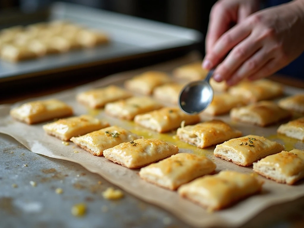 Garlic Parmesan puff pastry squares arranged on a baking sheet