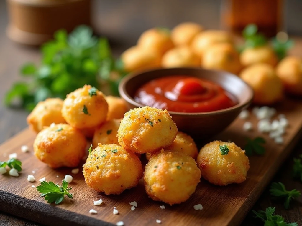 Garlic Parmesan puffs served with dipping sauce and garnishes
