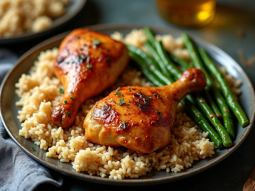 Baked ginger chicken thighs served with rice and vegetables