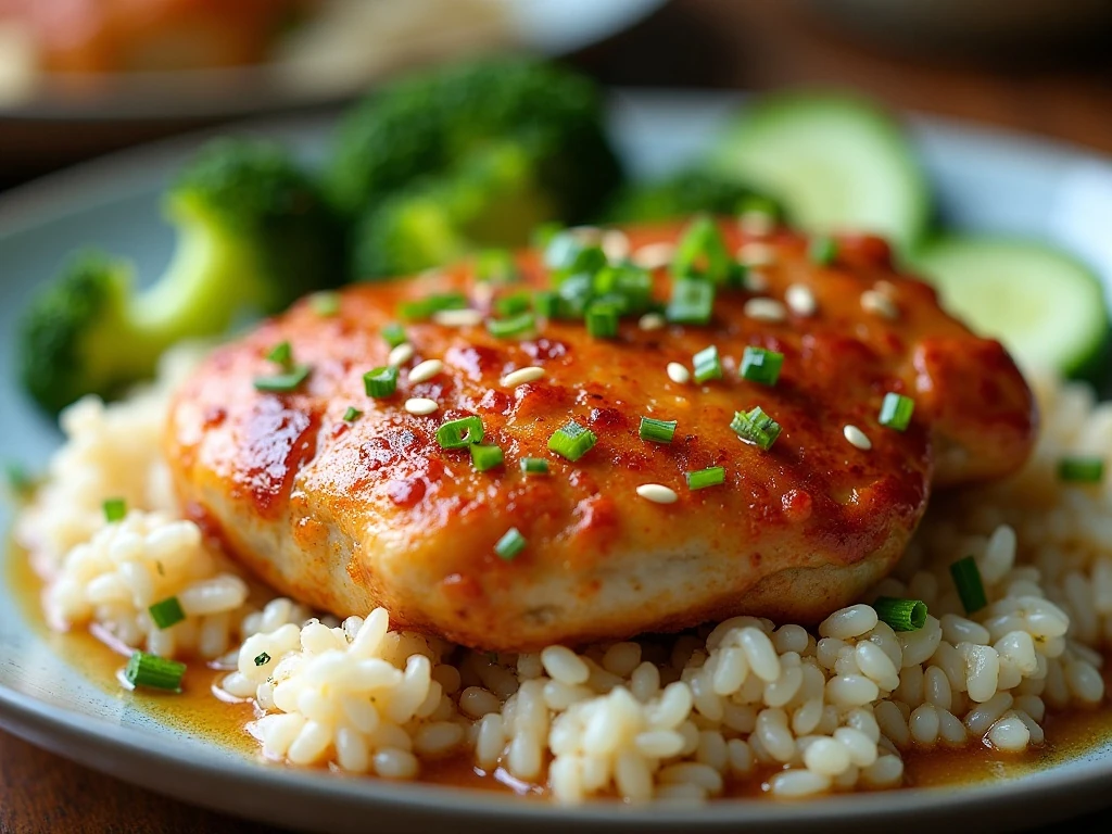 Ginger chicken dinner with rice and vegetable sides
