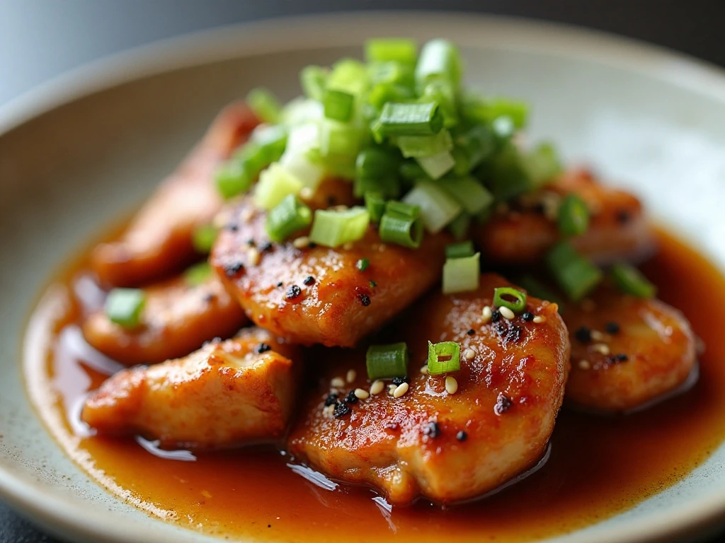 Leftover baked ginger chicken with scallion and sesame garnish