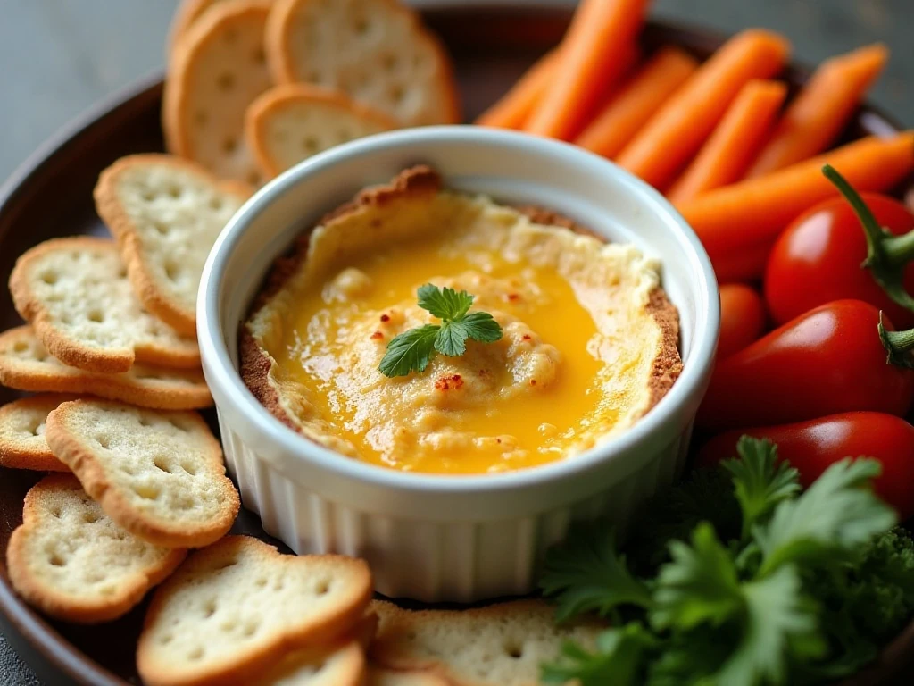 Warm baked goat cheese dip served with bread, crackers, pita chips, and vegetables