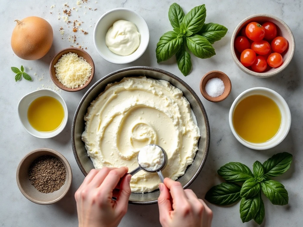 Ingredients for warm and easy baked goat cheese dip