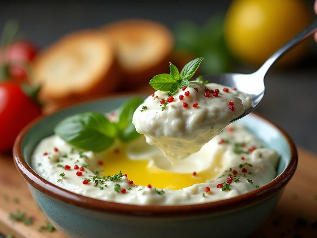 Close-up of creamy baked goat cheese dip garnished with herbs and olive oil