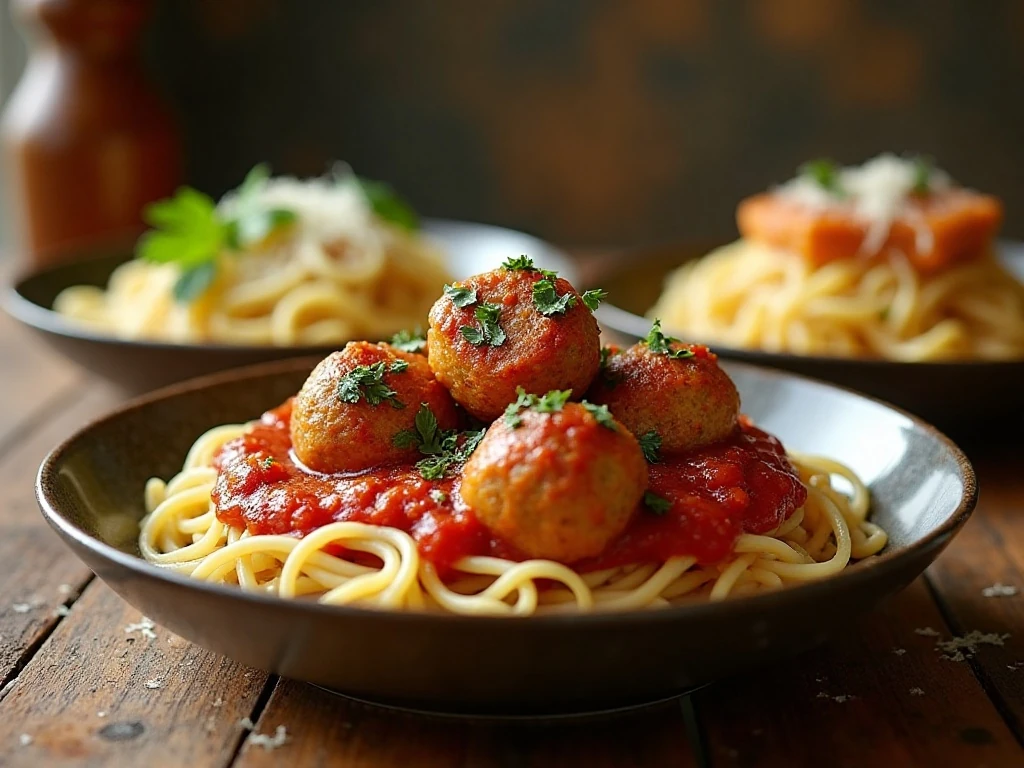 Juicy baked ground turkey meatballs served with marinara sauce and spaghetti