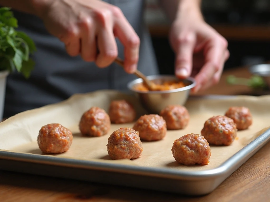 Shaped turkey meatballs arranged on a lined baking sheet before baking