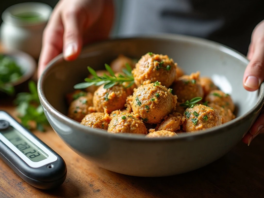 Tender turkey meatball mixture prepared with breadcrumbs and herbs