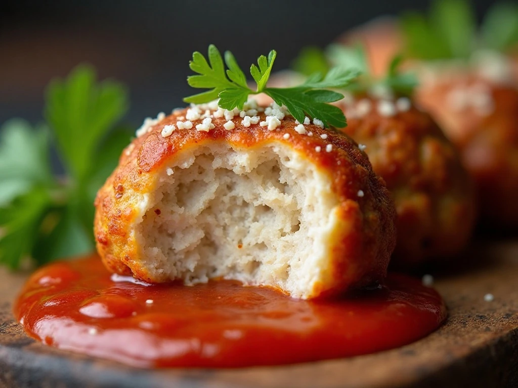Close-up of a moist baked turkey meatball with parsley and Parmesan