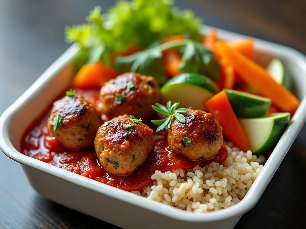 Baked turkey meatballs portioned with sauce, rice, and vegetables