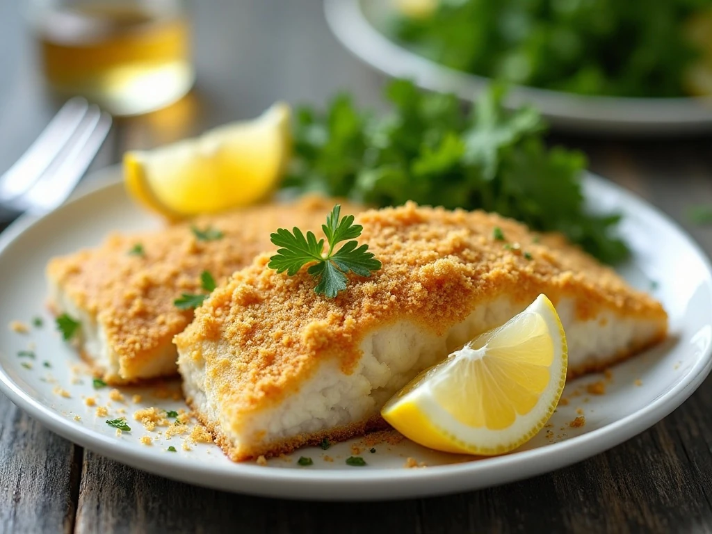 Golden baked haddock with lemon and parsley ready to serve